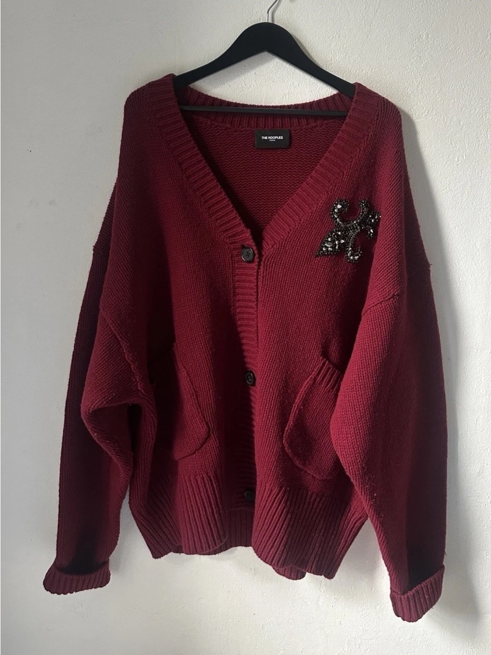 The Kooples Paris Merino Wool Oversized Cardigan Burgundy Beaded Women’s 2